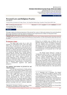 Personal Laws and Religious Practice Joby Bhasker*