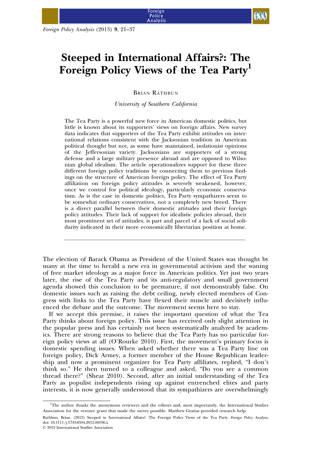 The Foreign Policy Views of the Tea Party1