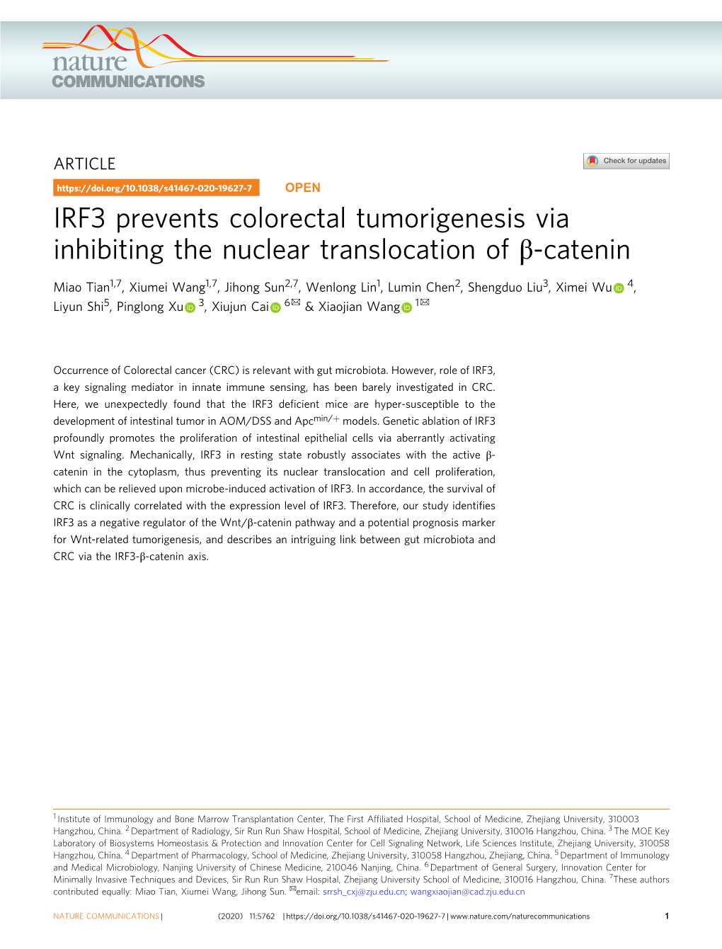 IRF3 Prevents Colorectal Tumorigenesis Via Inhibiting the Nuclear Translocation of Β-Catenin