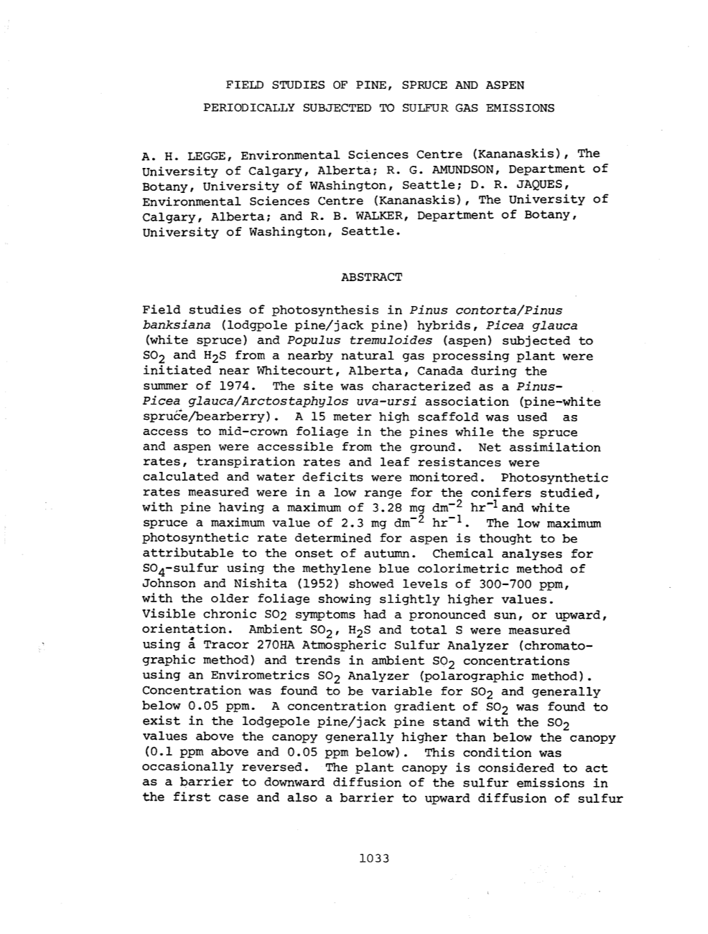 Field Studies of Pine, Spruce and Aspen Periodically Subjected to Sulfur Gas Emissions