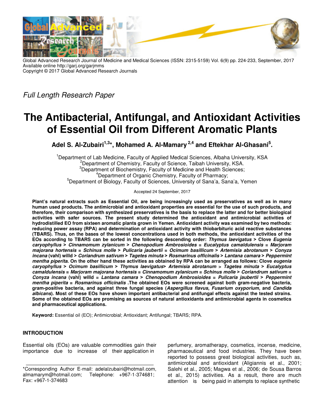 The Antibacterial, Antifungal, and Antioxidant Activities of Essential Oil from Different Aromatic Plants