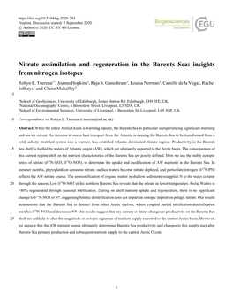 Nitrate Assimilation and Regeneration in the Barents Sea: Insights from Nitrogen Isotopes Robyn E