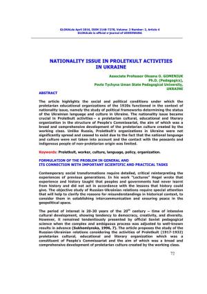 Nationality Issue in Proletkult Activities in Ukraine