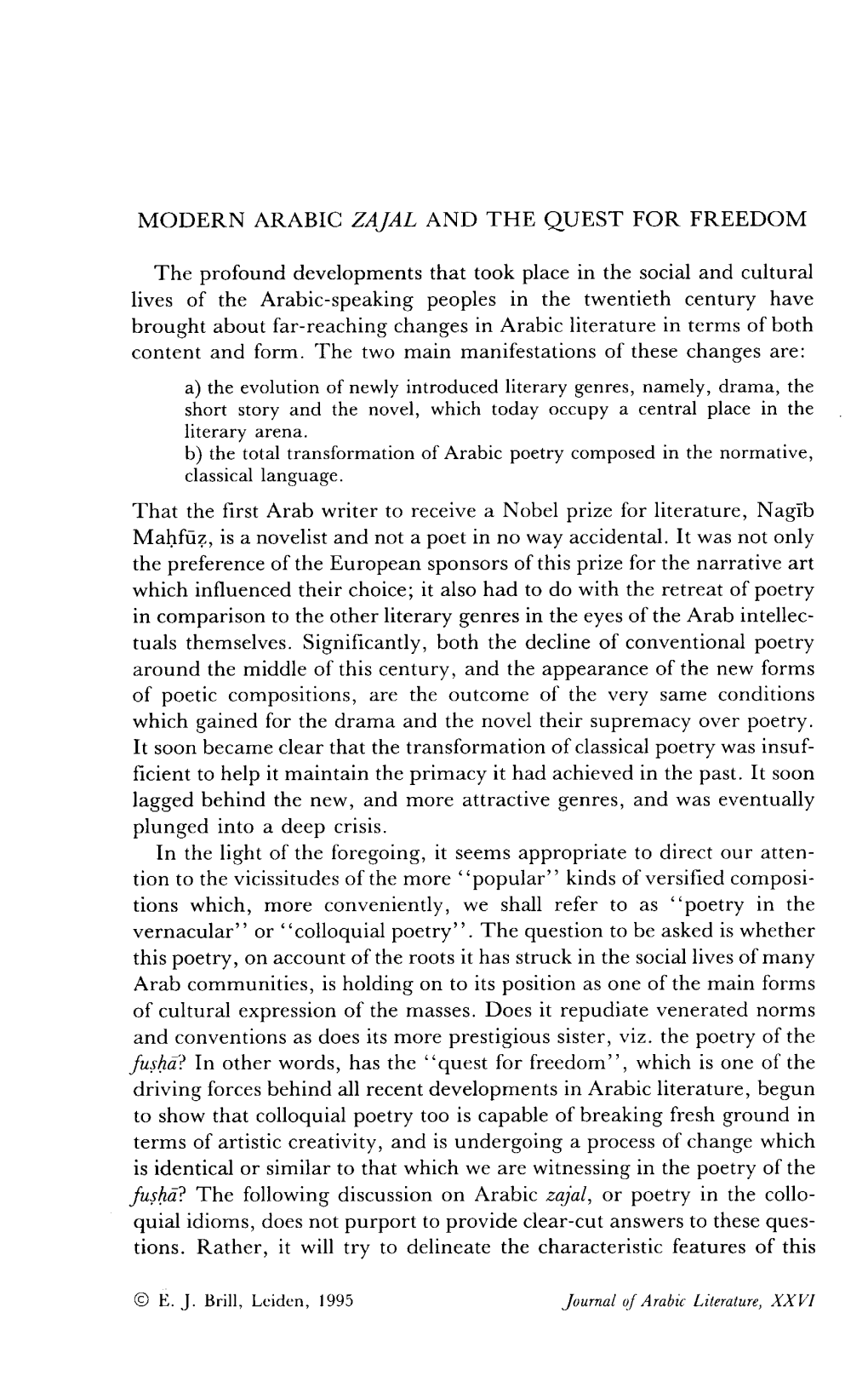 MODERN ARABIC ZAJAL and the QUEST for FREEDOM The