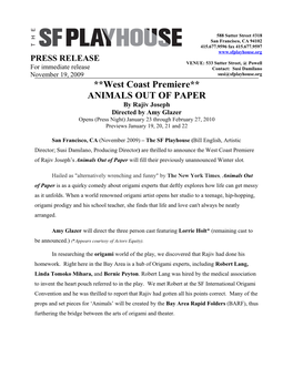 **West Coast Premiere** ANIMALS out of PAPER