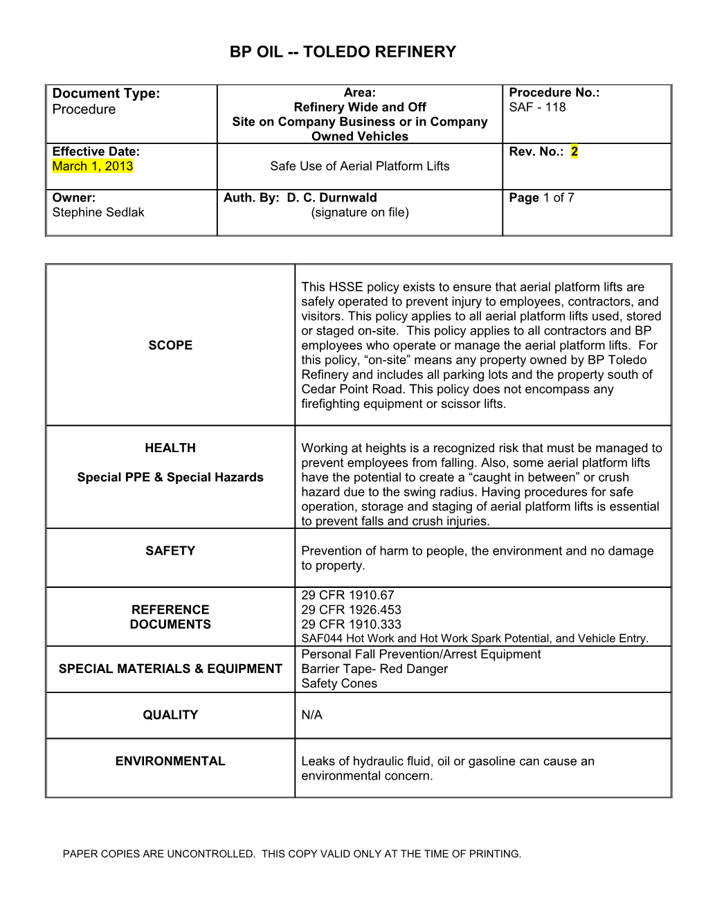 Procedure No. SAF 118 Rev. No. 2