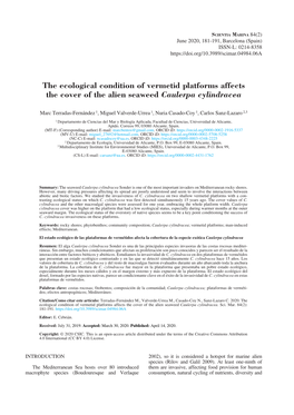 The Ecological Condition of Vermetid Platforms Affects the Cover of the Alien Seaweed Caulerpa Cylindracea