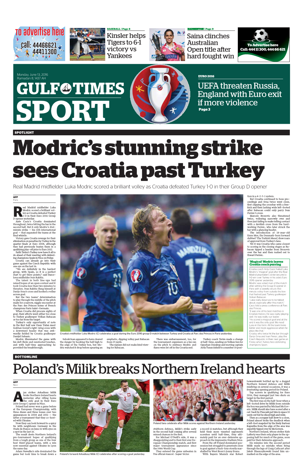 GULF TIMES England with Euro Exit If More Violence SPORT Page 3