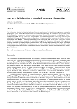A Review of the Diplazontinae of Mongolia (Hymenoptera: Ichneumonidae)