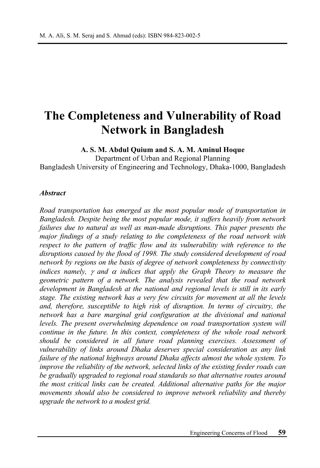 The Completeness and Vulnerability of Road Network in Bangladesh