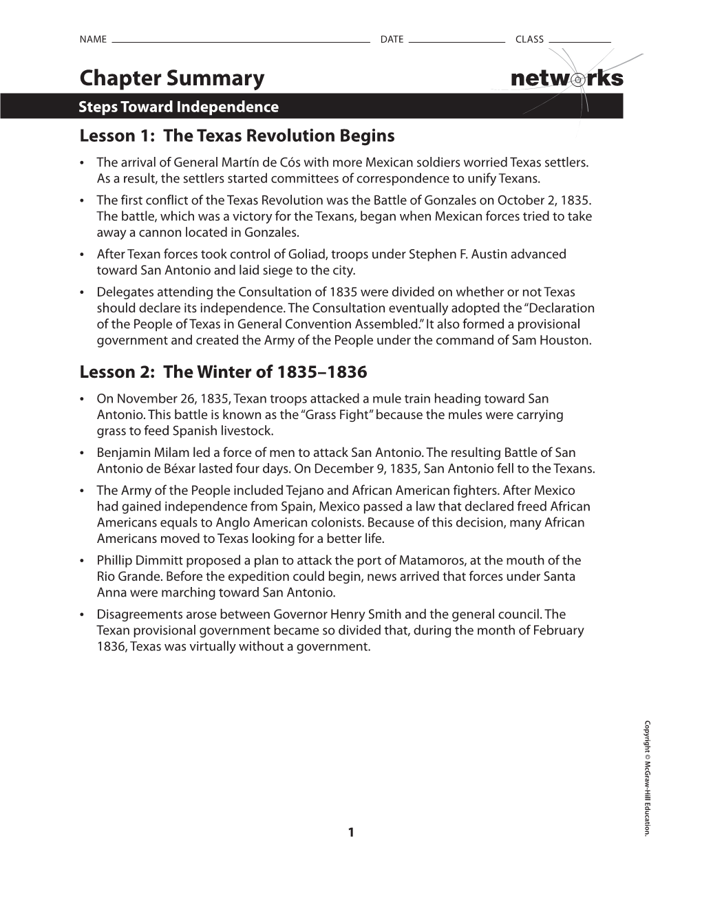 Chapter Summary Lesson 1: the Texas Revolution Begins