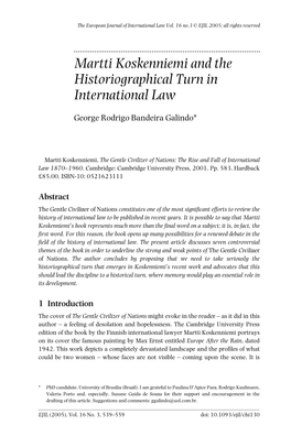 Martti Koskenniemi and the Historiographical Turn in International Law