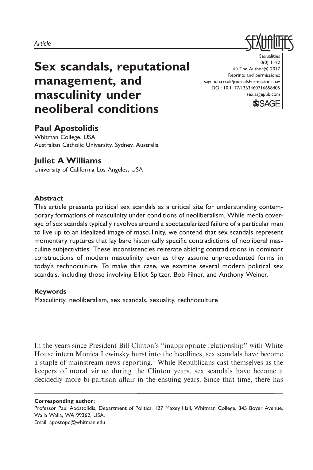 Sex Scandals, Reputational Management, and Masculinity