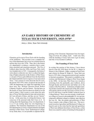 An Early History of Chemistry at Texas Tech University, 1925-1970*