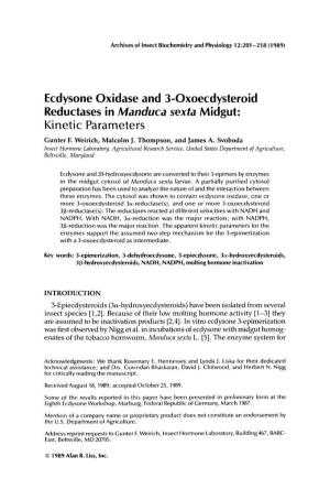 Ecdysone Oxidase and 3-Oxoecdysteroid Reductases in Manduca Sexta Midgut: Kinet I C Parameters
