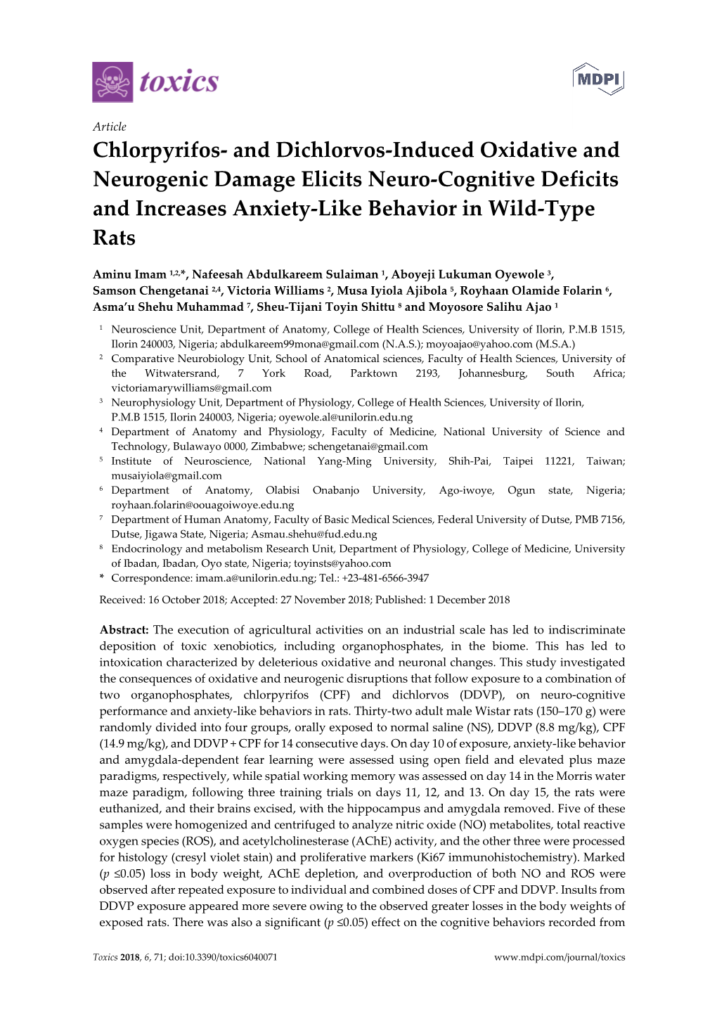 Chlorpyrifos- and Dichlorvos-Induced Oxidative and Neurogenic Damage Elicits Neuro-Cognitive Deficits and Increases Anxiety-Like Behavior in Wild-Type Rats