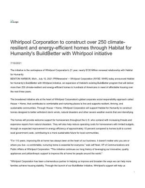 Whirlpool Corporation to Construct Over 250 Climate- Resilient and Energy-Efficient Homes Through Habitat for Humanity's Buildbetter with Whirlpool Initiative