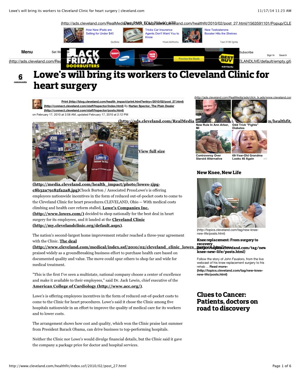 Lowe's Will Bring Its Workers to Cleveland Clinic for Heart Surgery | Cleveland.Com 11/17/14 11:23 AM