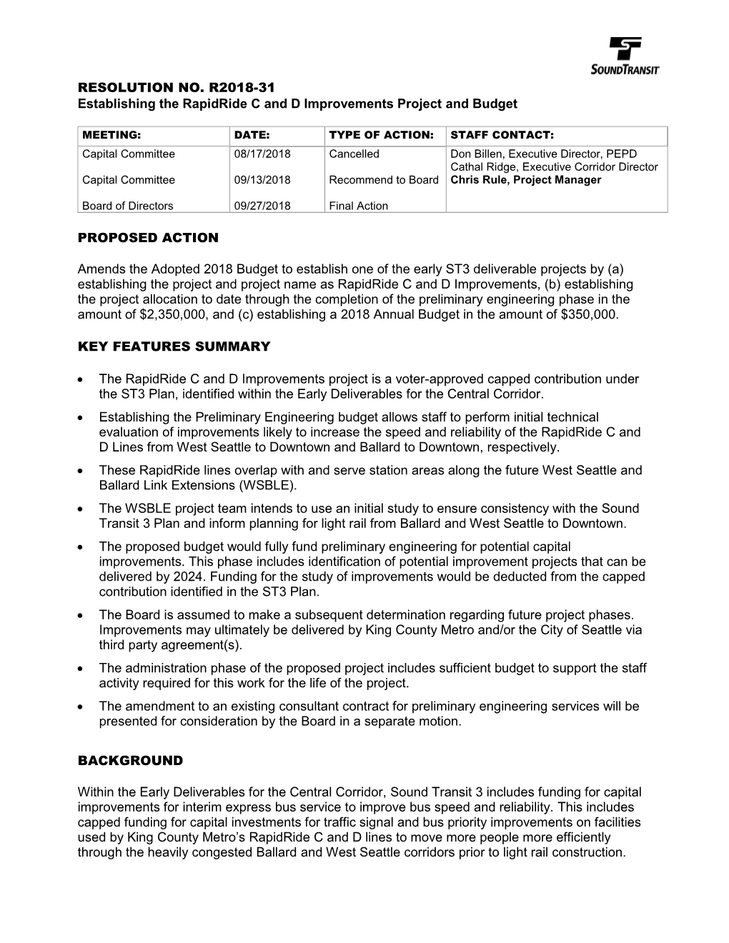 R2018-31 Establishing the Rapidride C and D Improvements Project and Budget