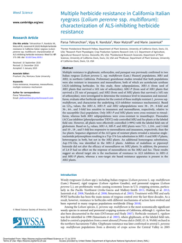 Multiple Herbicide Resistance in California Italian Ryegrass (Lolium Perenne Ssp. Multiflorum): Characterization of ALS-Inhibiti
