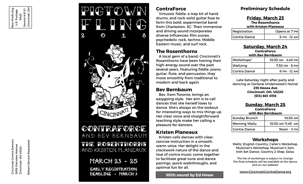 PIGTOWN the ROSENTHORNS the CONTRAFORCE 8 1 0 2 Andkristenplaneaux M U a B N R E B V E B D N a March 23 March Deadline Deadline Early Registration Early