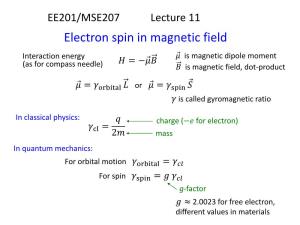 Electron Spin in Magnetic Field 휇 Interaction Energy 퐻 = −휇 퐵 Is Magnetic Dipole Moment (As for Compass Needle) 퐵 Is Magnetic Field, Dot-Product