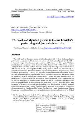 The Works of Mykola Lysenko in Galina Lewicka's Performing And