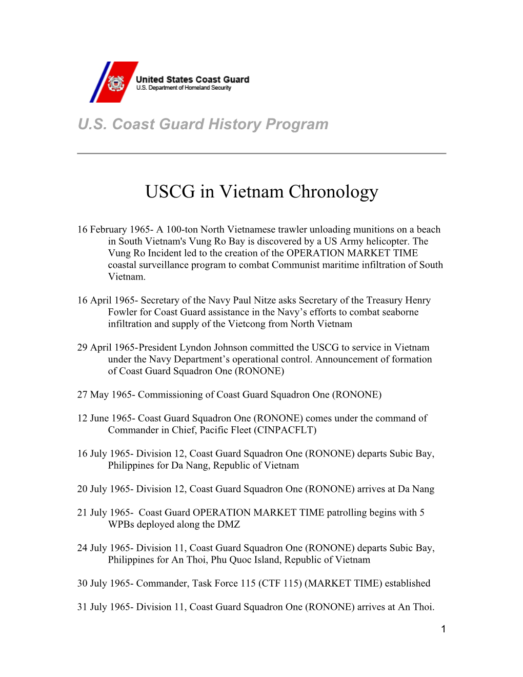 A Chronology of the U.S. Coast Guard's Role in the Vietnam