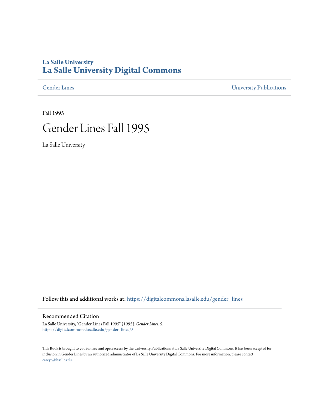 Gender Lines Fall 1995 La Salle University
