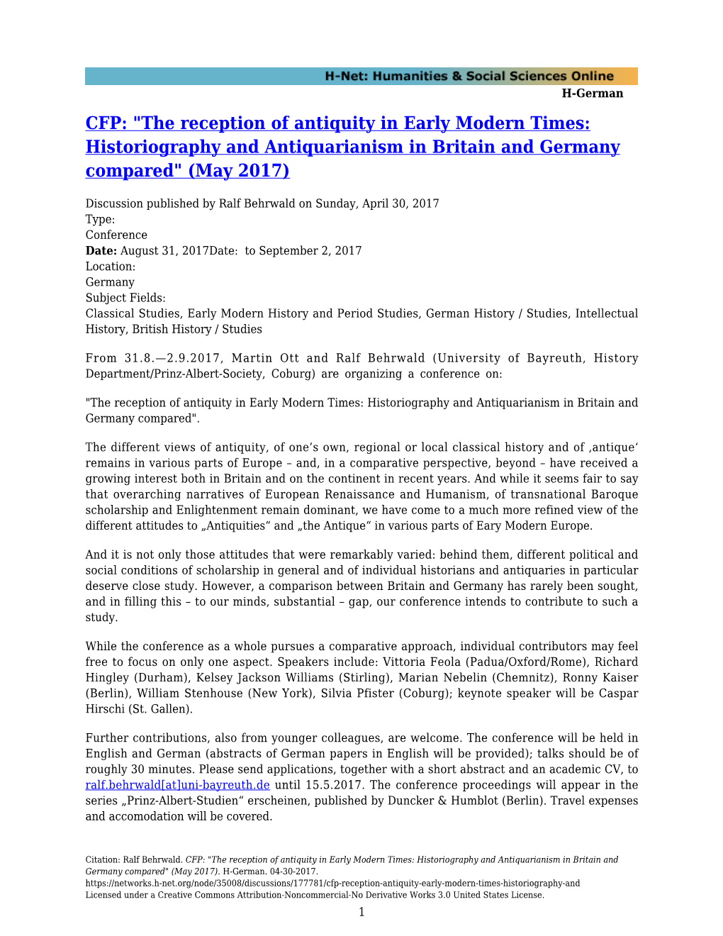 The Reception of Antiquity in Early Modern Times: Historiography and Antiquarianism in Britain and Germany Compared&Q