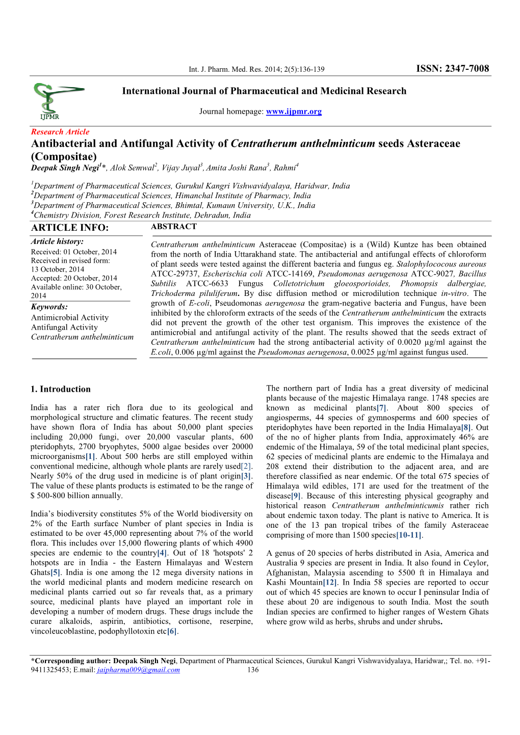Antibacterial and Antifungal Activity of Centratherum Anthelminticum