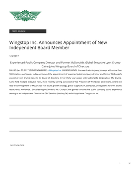 Wingstop Inc. Announces Appointment of New Independent Board Member