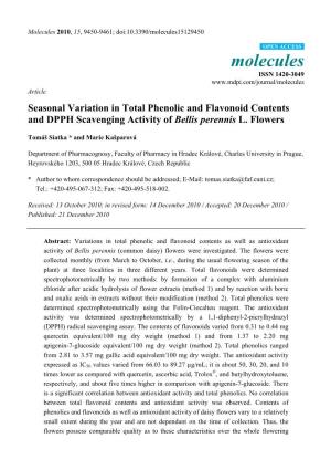 Seasonal Variation in Total Phenolic and Flavonoid Contents and DPPH Scavenging Activity of Bellis Perennis L