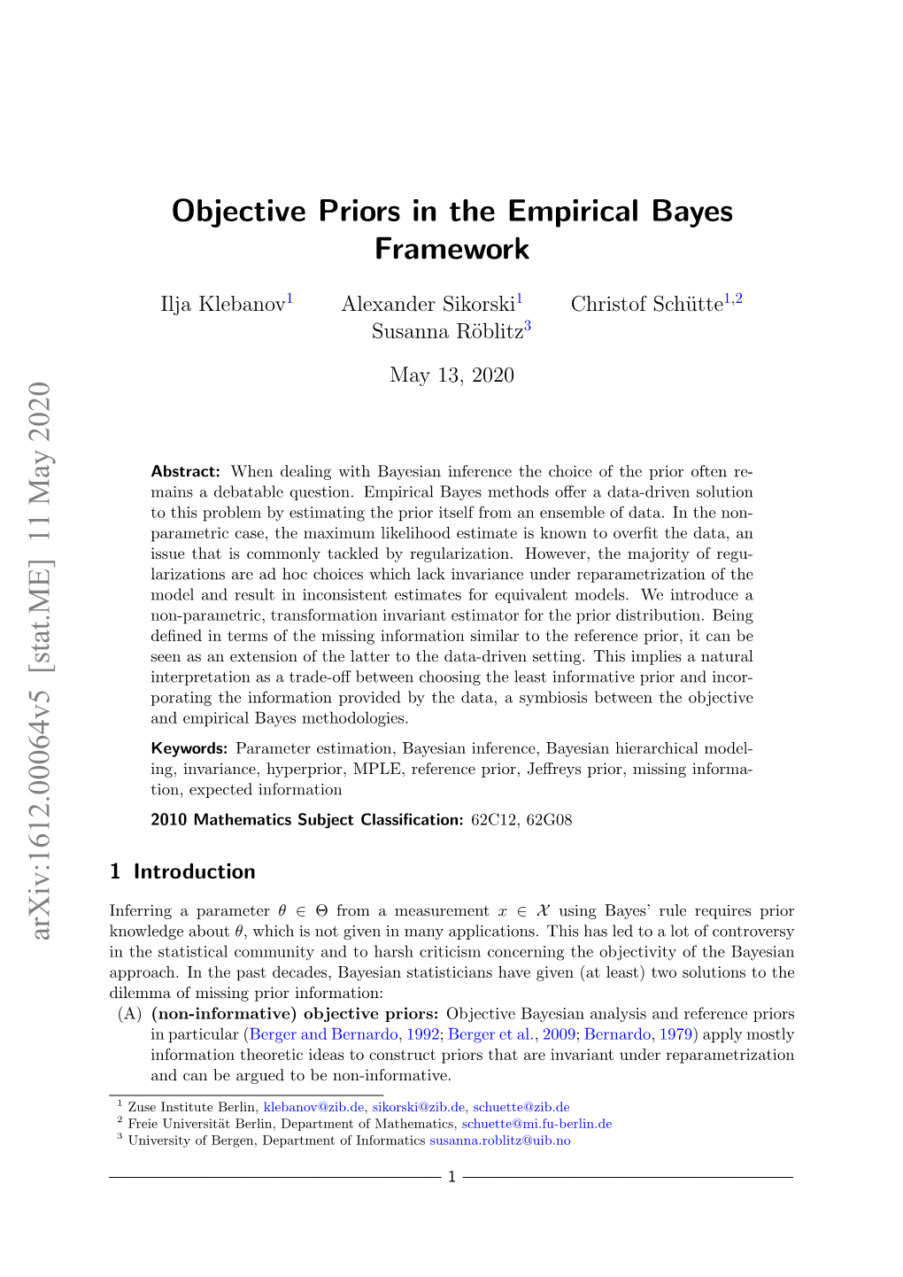 Objective Priors in the Empirical Bayes Framework Arxiv:1612.00064V5 [Stat.ME] 11 May 2020