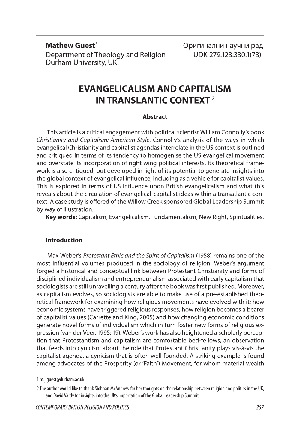 Evangelicalism and Capitalism in Translantic Context2