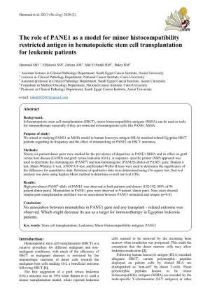 The Role of PANE1 As a Model for Minor Histocompatibility Restricted Antigen in Hematopoietic Stem Cell Transplantation for Leukemic Patients