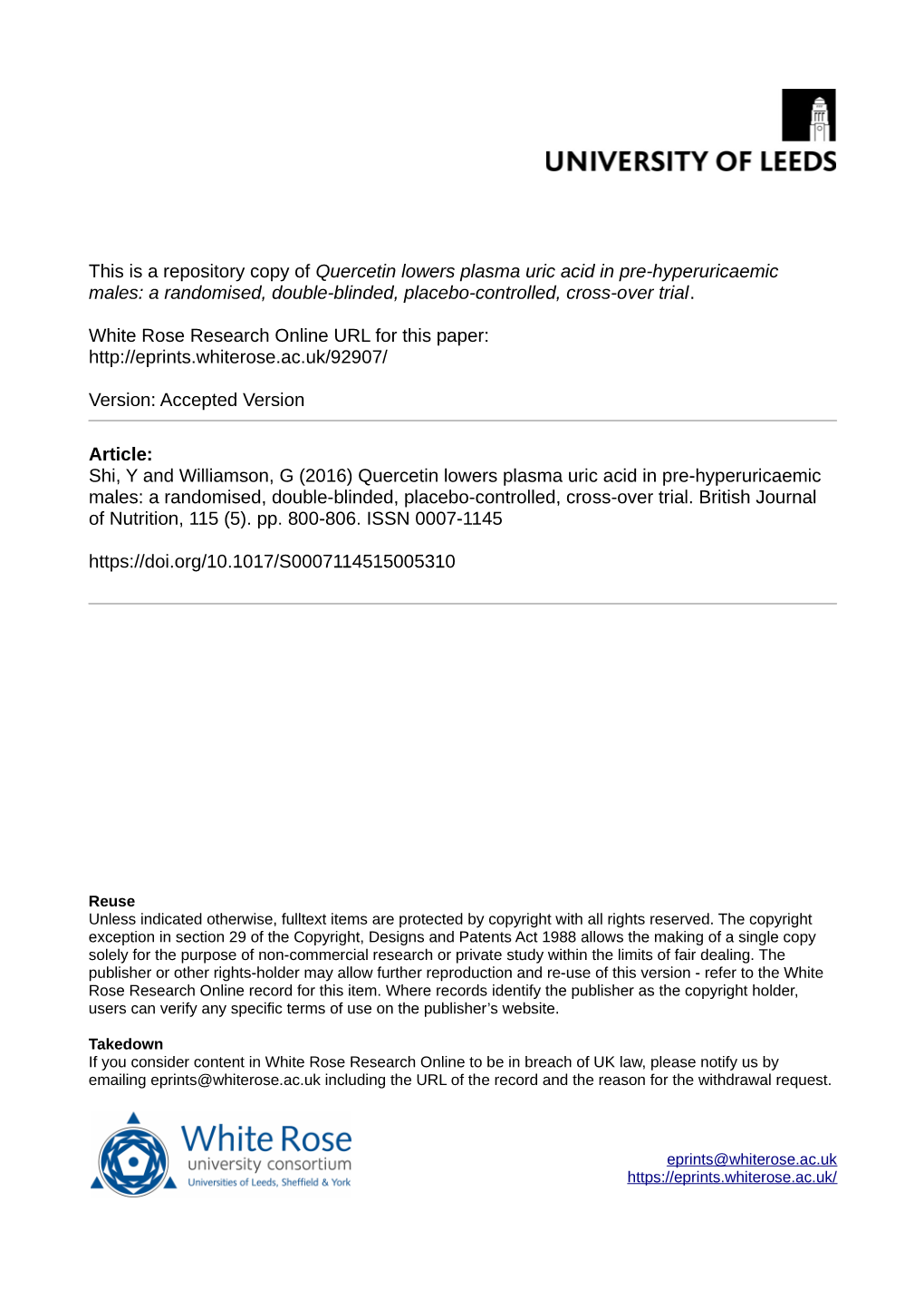 Quercetin Lowers Plasma Uric Acid in Pre-Hyperuricaemic Males: a Randomised, Double-Blinded, Placebo-Controlled, Cross-Over Trial