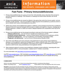 Fast Facts - Primary Immunodeficiencies