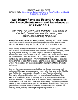 Walt Disney Parks and Resorts Announces New Lands, Entertainment and Experiences at D23 EXPO 2015