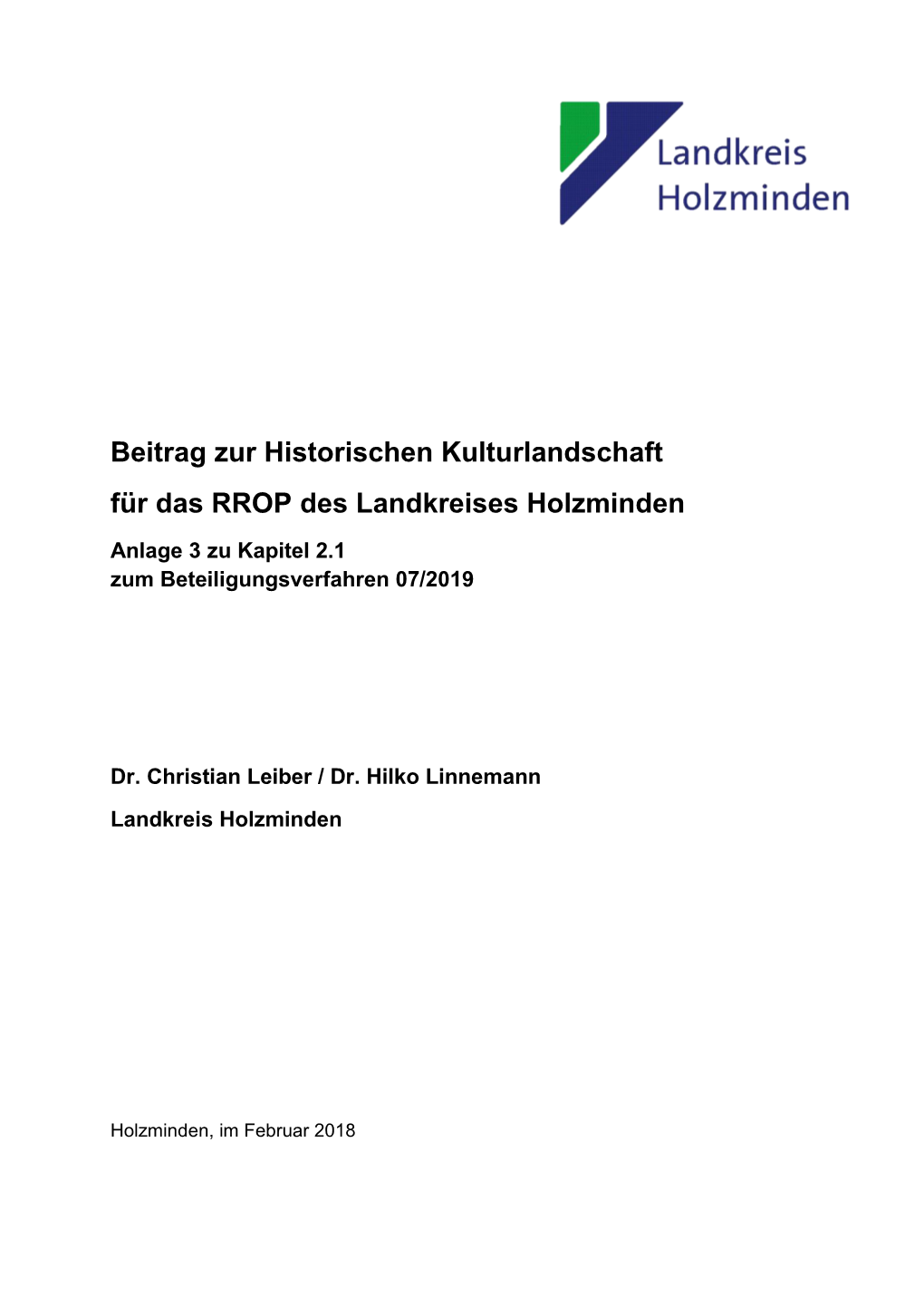 Beitrag Zur Historischen Kulturlandschaft Für Das RROP Des Landkreises Holzminden