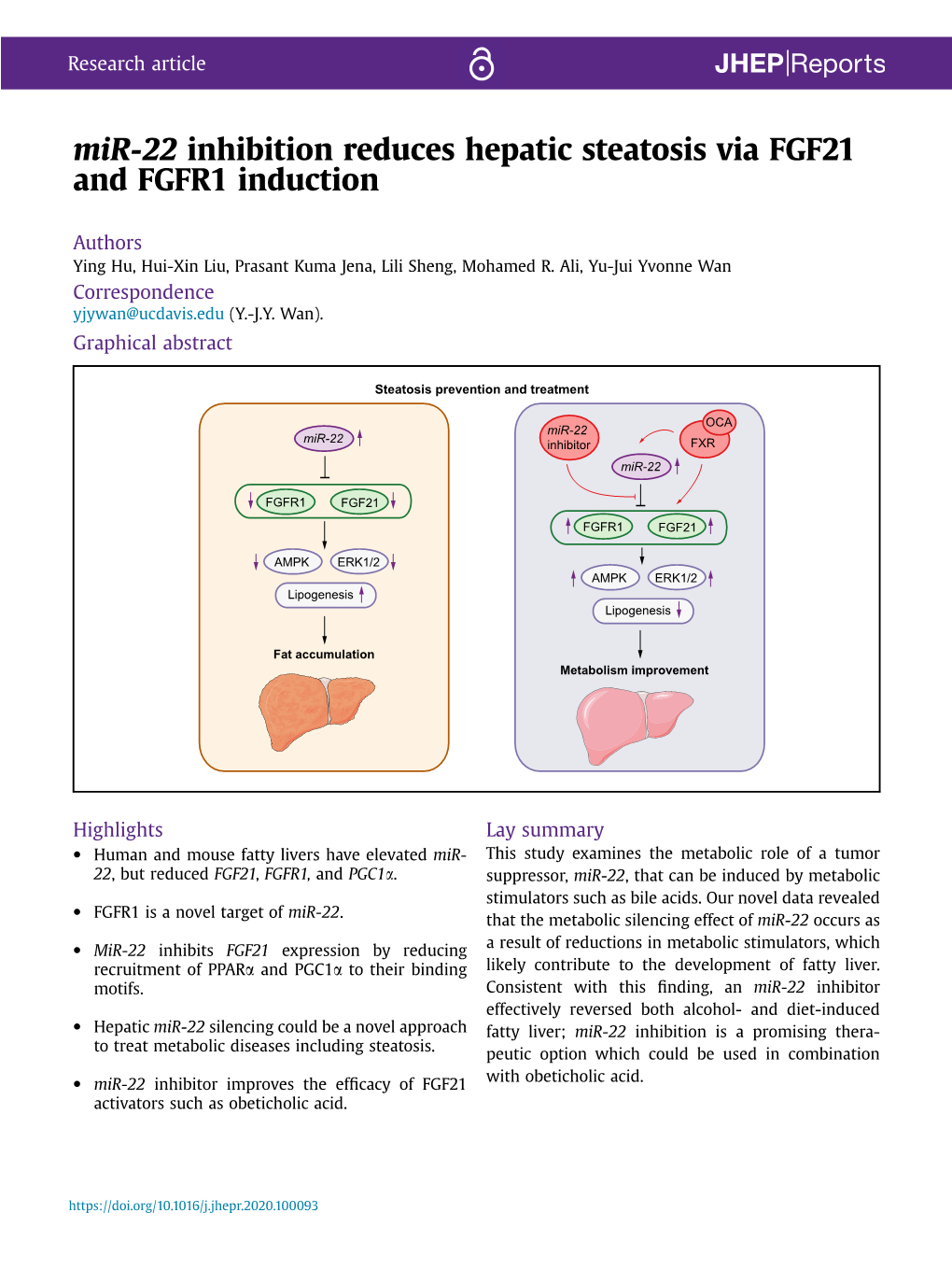 Mir-22 Inhibition Reduces Hepatic Steatosis Via FGF21 and FGFR1 Induction