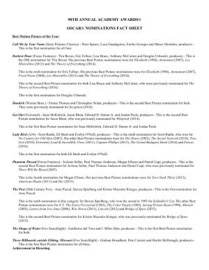 90Th Annual Academy Awards® Oscar® Nominations Fact Sheet
