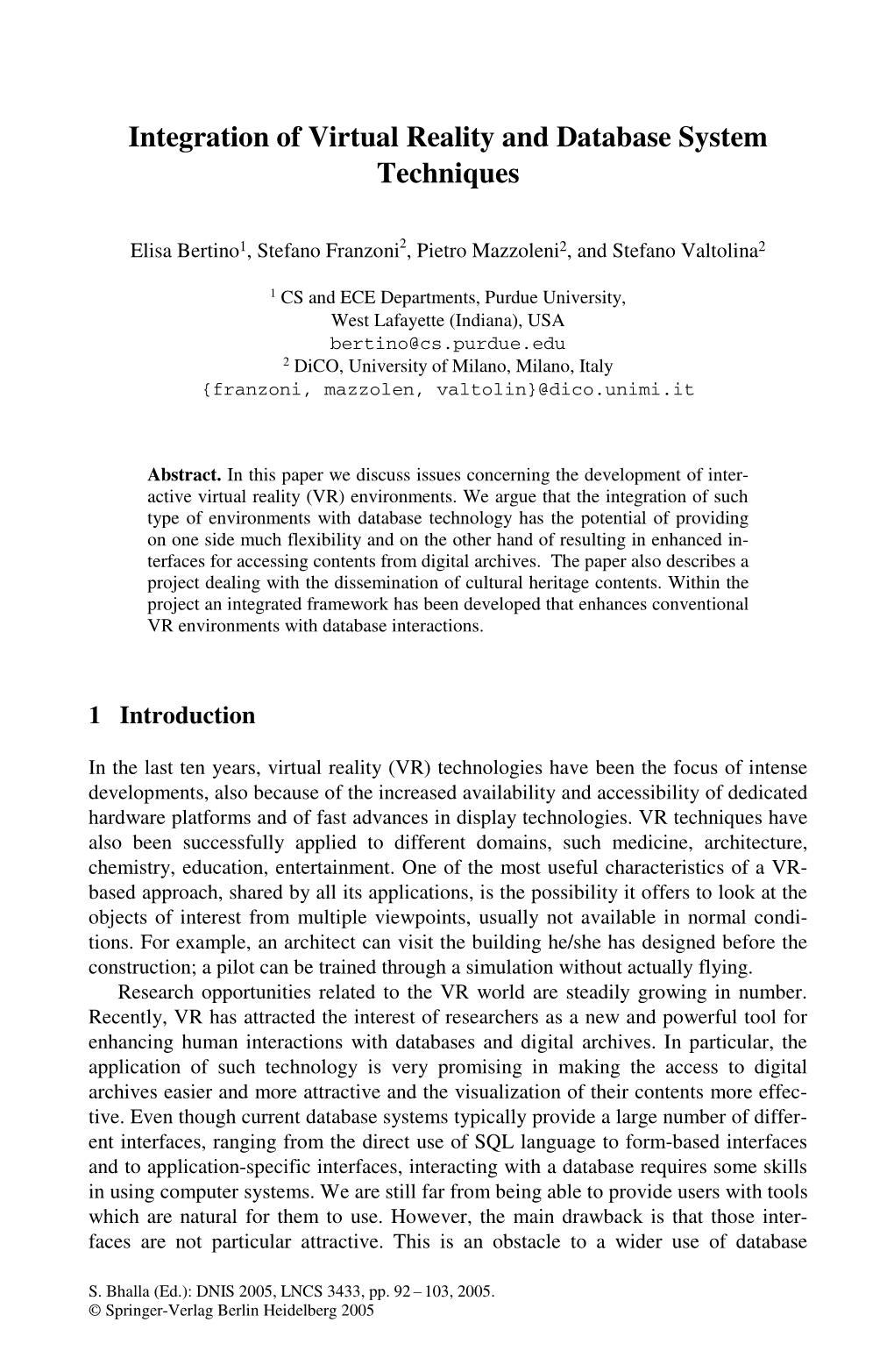 Integration of Virtual Reality and Database System Techniques