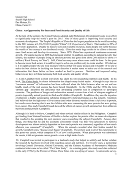 1 Granite Tait Saydel High School Des Moines, IA China, Factor 11 China: an Opportunity for Increased Food Security and Quality