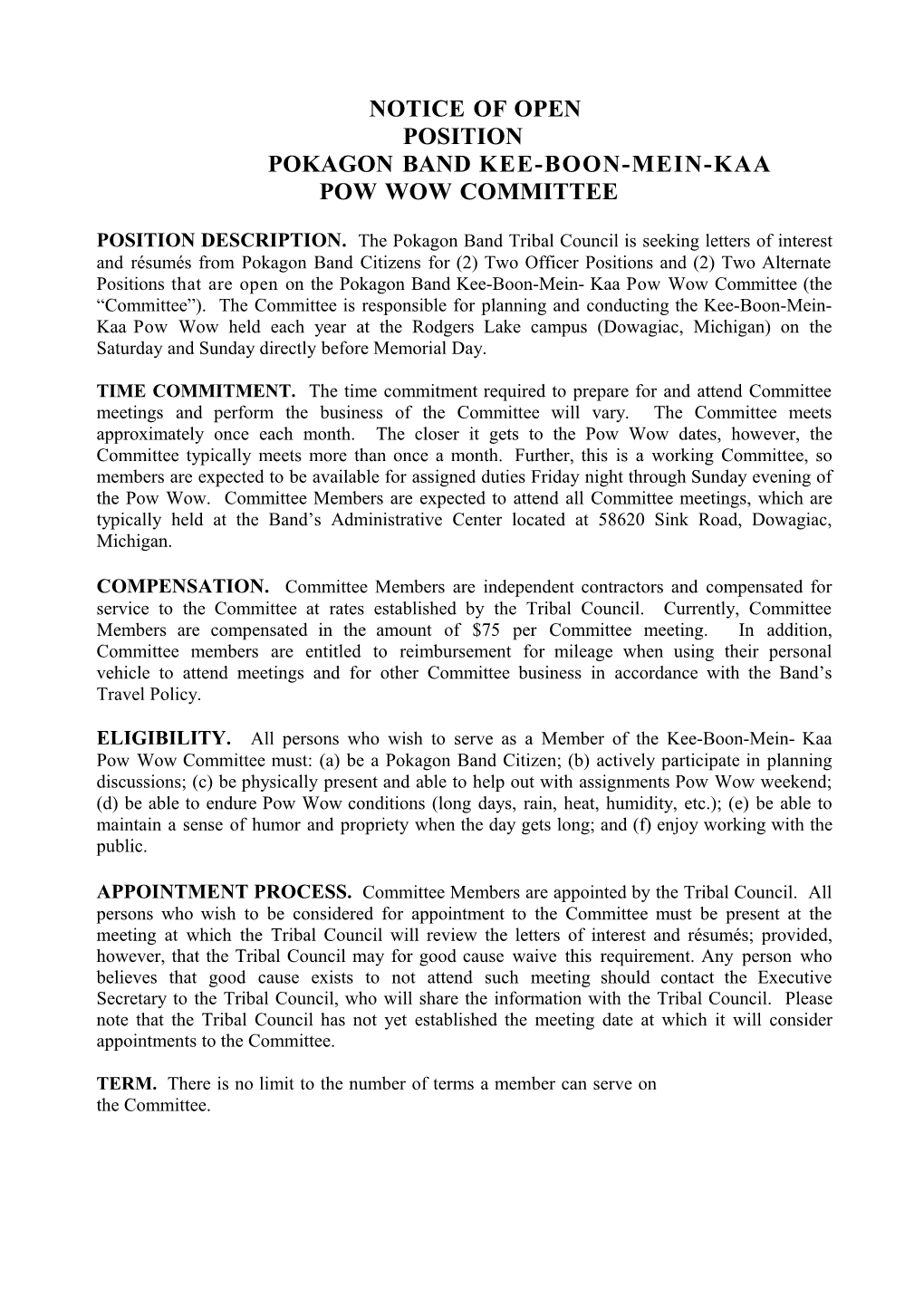 Notice of Open KBMK Pow Wow Committee Position 040615