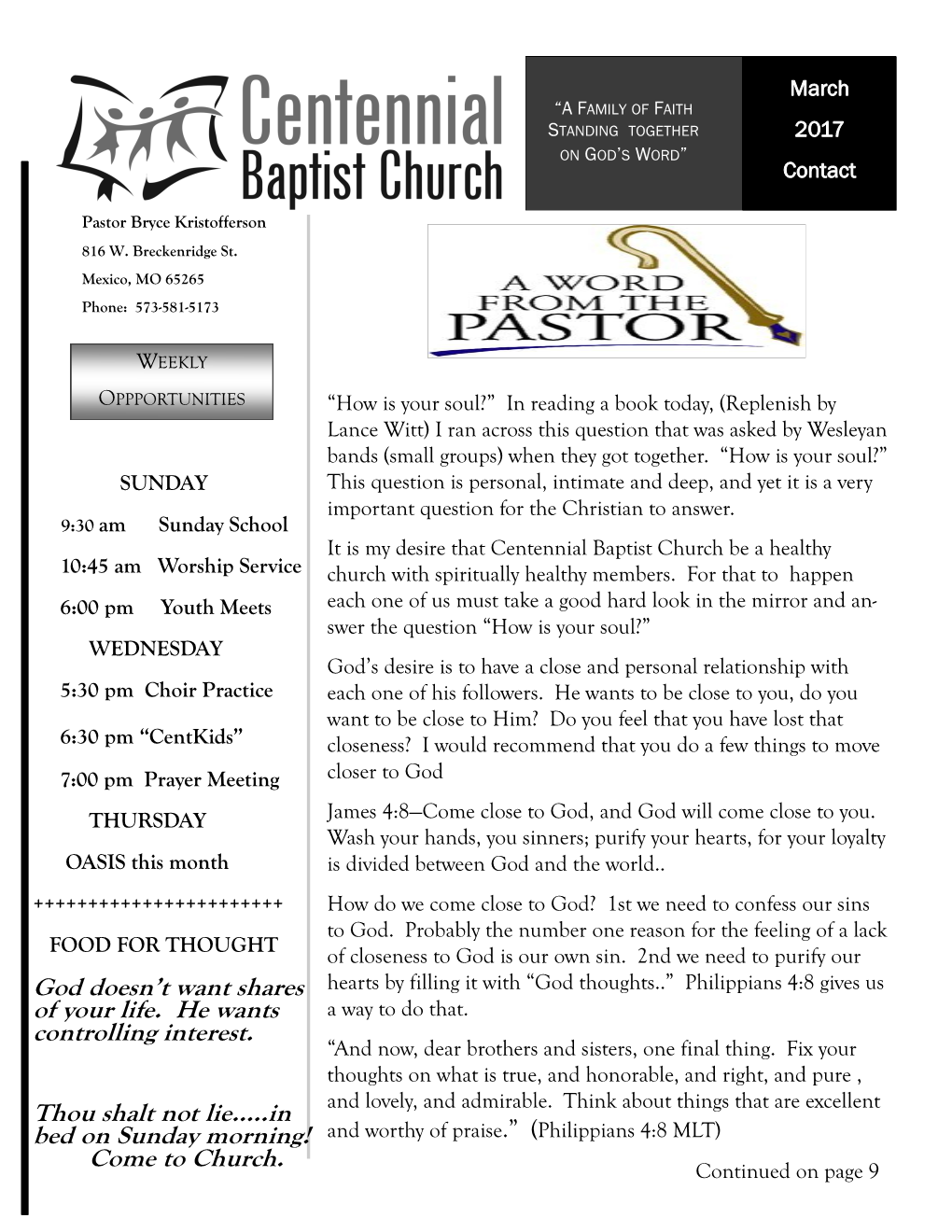 CENTENNIAL BAPTIST CHURCH CONTACT MARCH 2017 PAGE 2 W