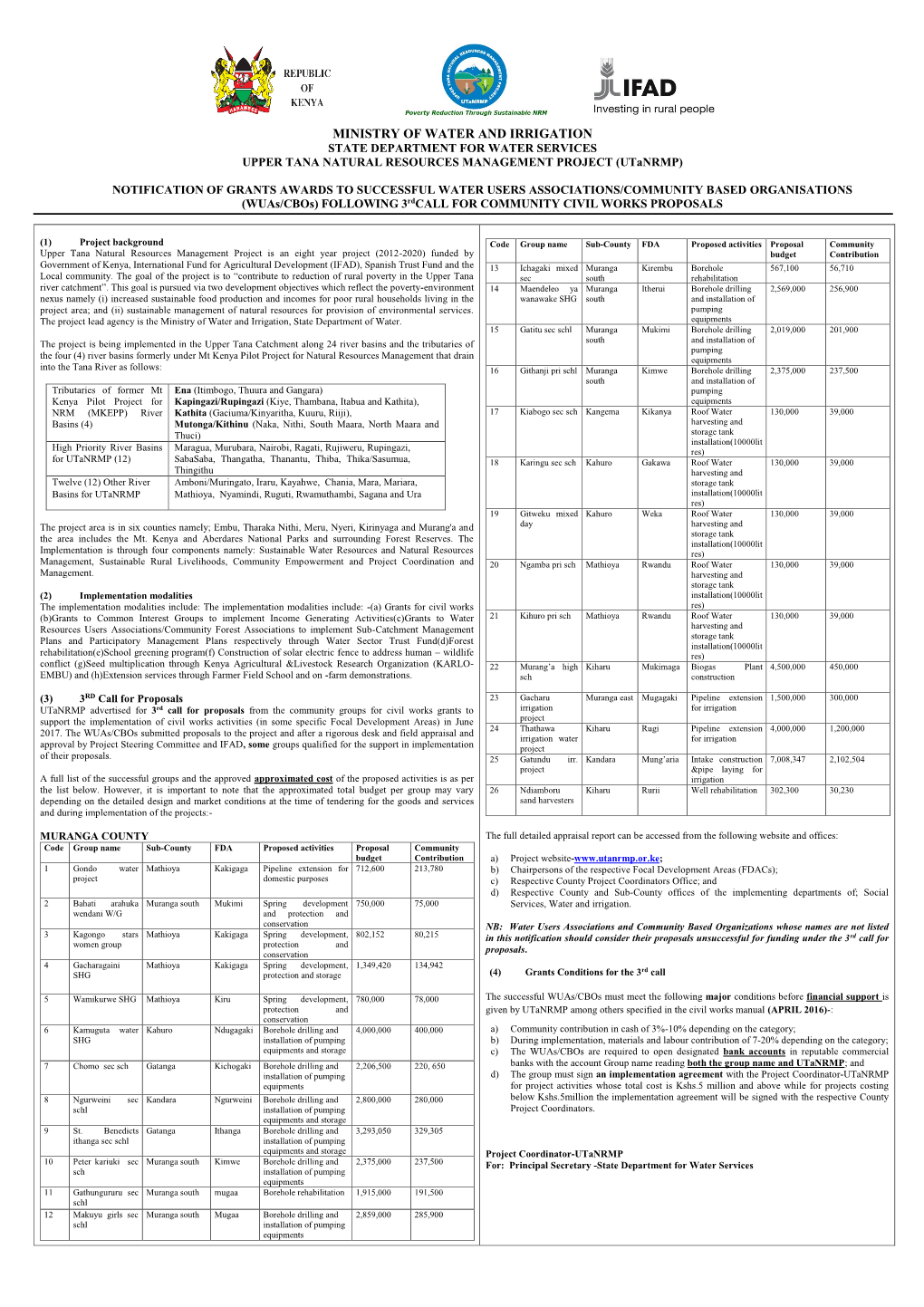 MINISTRY of WATER and IRRIGATION STATE DEPARTMENT for WATER SERVICES UPPER TANA NATURAL RESOURCES MANAGEMENT PROJECT (Utanrmp)