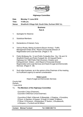 (Public Pack)Agenda Document for Highways Committee, 11/06/2018