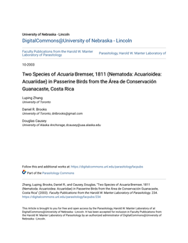 Two Species of Acuaria Bremser, 1811 (Nematoda: Acuarioidea: Acuariidae) in Passerine Birds from the Área De Conservación Guanacaste, Costa Rica