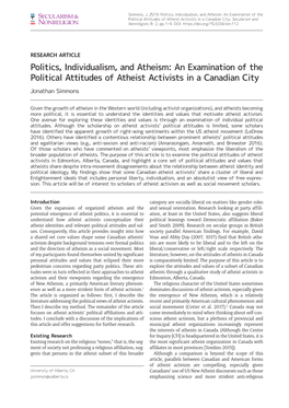 Politics, Individualism, and Atheism: an Examination of the Political Attitudes of Atheist Activists in a Canadian City